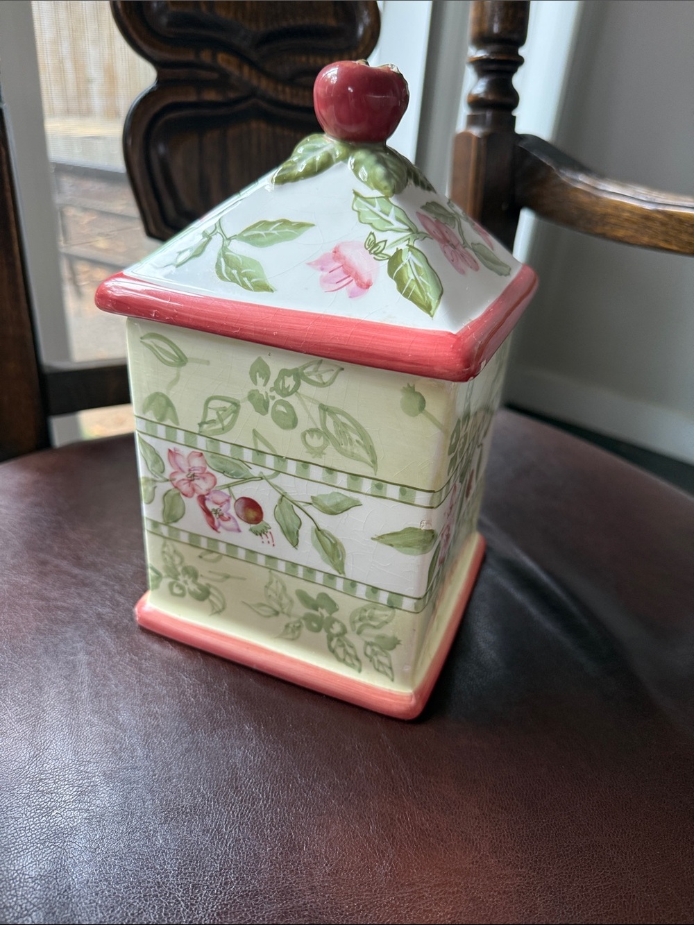 Botanical Ceramic Canister with Red Accent and Apple Finial - Picture 2 of 12